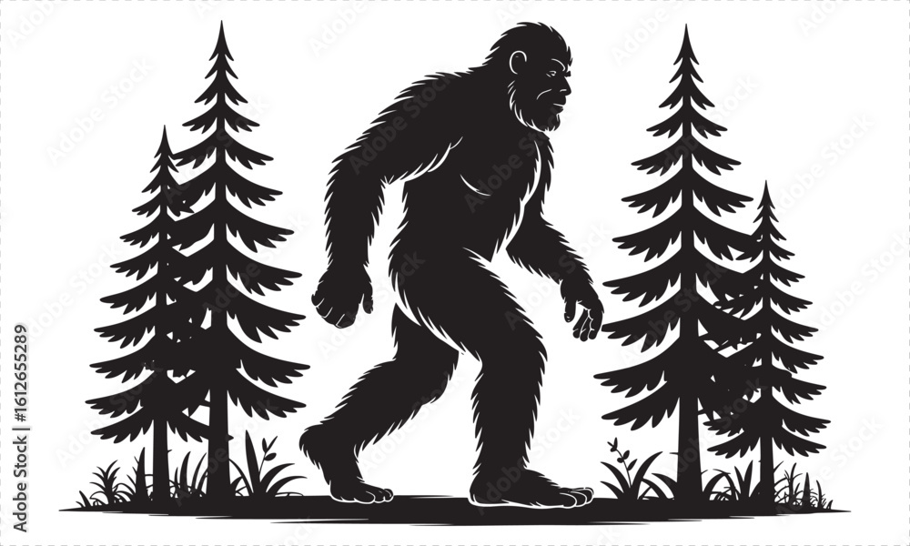 Fototapeta premium Black silhouette of Bigfoot walking through pine trees and grass sasquatch yeti