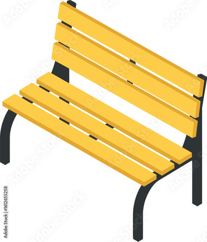 Isometric view of a yellow bench with black metal frame on a plain white background isolated art