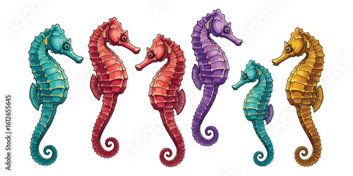 A colorful collection of six seahorses in various vibrant hues arranged against a white background