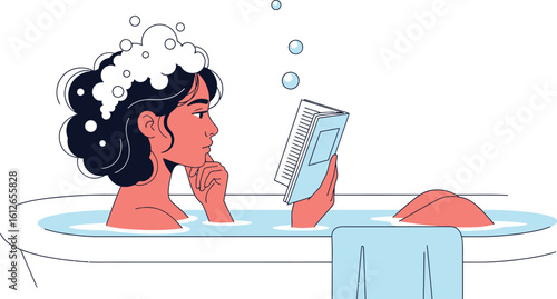 A woman with soap in her hair reading a book in a bathtub with bubbles and a towel hanging over