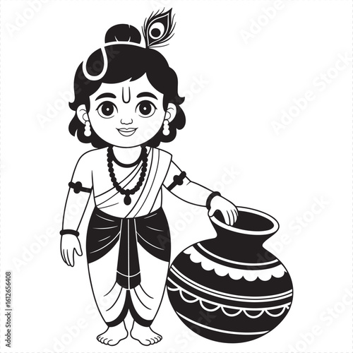 Cartoon Little Krishna with Peacock Feather and Pot Vector Graphic Hindu deity