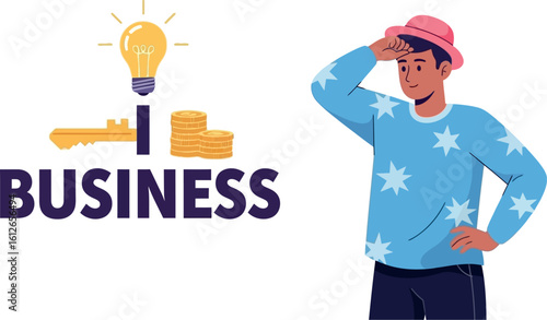 Illustration depicting business idea with man looking forward to future opportunities