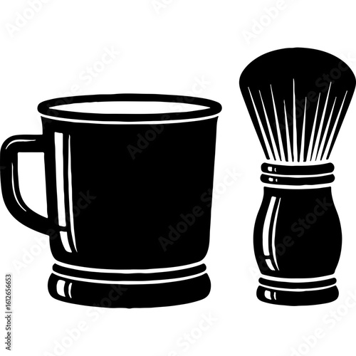 Classic Shaving Mug and Brush Silhouette Vector Icon. Traditional Men's Grooming Kit for Barbershop, Barber, and Personal Care.