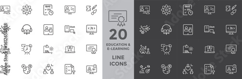 Explore education e-learning line icons for graphic design and modern digital learning solutions with online courses and interactive quizzes