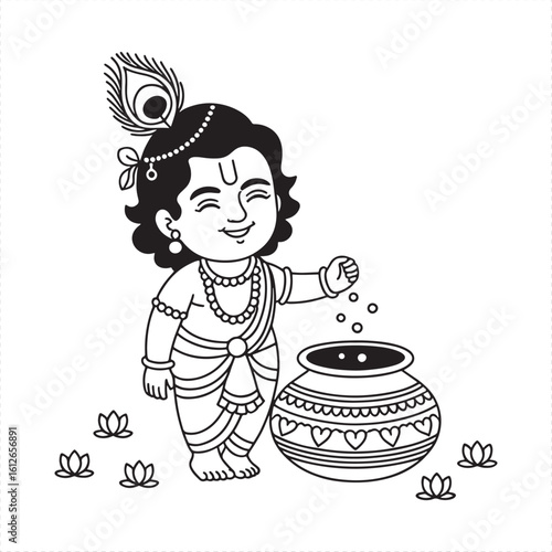 Cute Baby Krishna with peacock feather and butter pot vector illustration Hindu deity