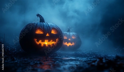 Two glowing jack o lanterns in dark foggy night scene halloween pumpkin