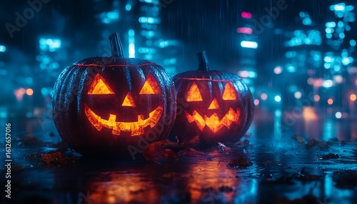 Two glowing jack o lanterns on wet ground with blurred city lights background halloween