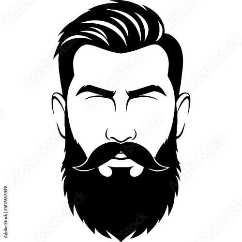 Stylized bearded man face illustration, strong beard and mustache, hipster style, masculine grooming icon, World Beard Day graphic