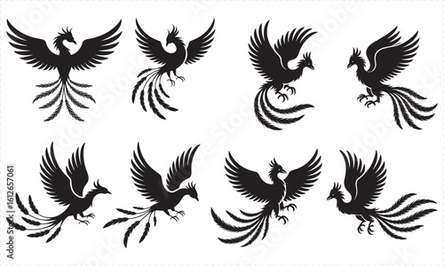 Eight Black Silhouette Phoenix Birds Flying and Perched white background