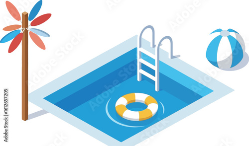 Isometric view of swimming pool with ladder, life preserver, beach ball, and pinwheel toy