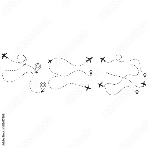 Line path vector icons of air plane 
flight routes with start point 