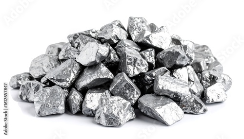 Pile of shiny with silver raw platinum mineral rocks isolated on white background.