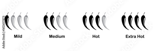 Red chili pepper scale vector symbols for spice level labels menu icons or sauce packaging design includes hot spicy mild and extra heat indicators with jalapeno and cayenne graphics
