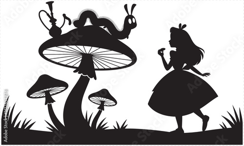 Silhouette of caterpillar on mushroom with hookah and girl alice in wonderland