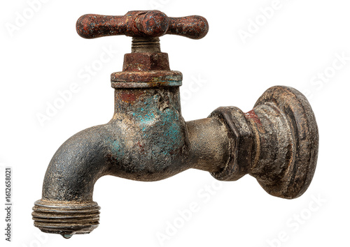 A weathered and corroded vintage faucet with traces of blue paint isolated on transparent background