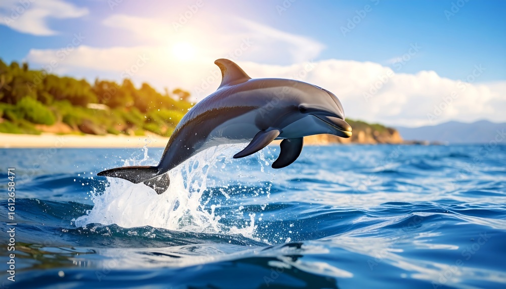 Fototapeta premium Playful Dolphin leaps in the sunlit ocean with beach and waves background.