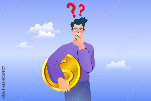 Male character holding coin with question marks above head, illustrating confusion or dilemma in money matters.
