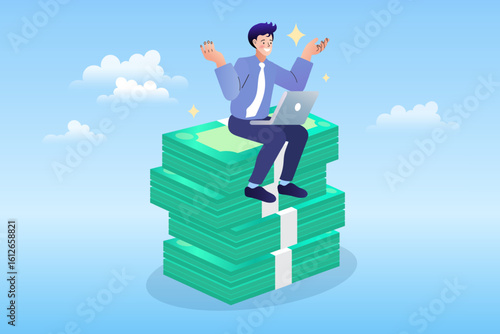 Confident man using laptop while sitting on a pile of money, representing wealth, startup success, and online income.