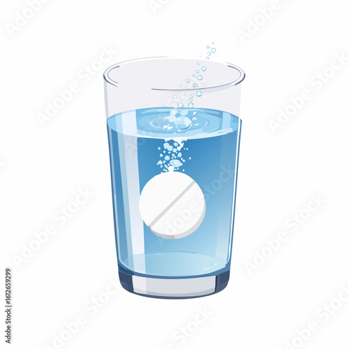 Modern vector illustration showcasing an effervescent tablet actively dissolving in a clear glass of water, generating numerous dynamic bubbles, all isolated on a pristine white background.
