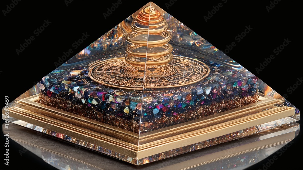 Obraz premium Decorative Glass Pyramid with Gold Accents and Colorful Glitter Inside