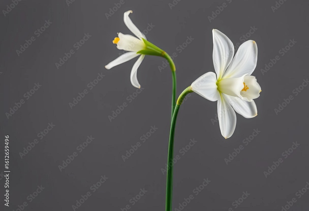 Fototapeta premium Single white narcissus blossom, isolated on grey, macro, plant