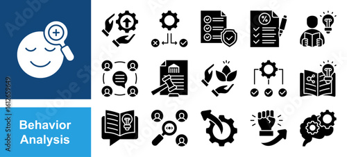 Behavior Analysis  icon set with Conditioning, Reinforcement, Punishment, Observation, Response, Motivation, Cognition, Evaluation, Learning, Behaviour.