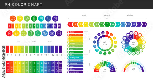 PH Scale. Level of acid and alkaline balance. Ph analysis or chemical test. Set of Education Posters. Flat Vector illustration.
