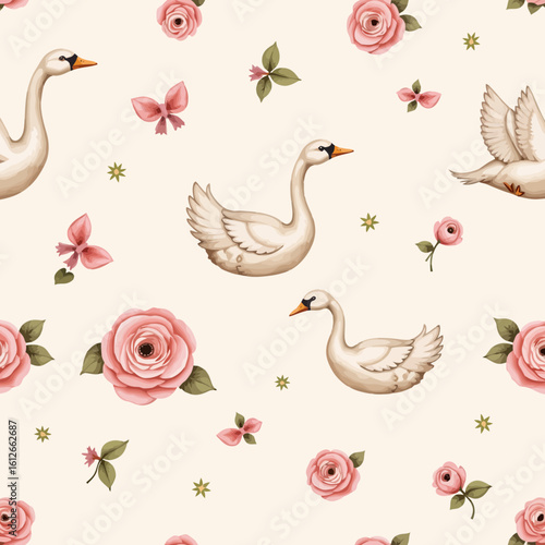 Floral pattern with swans, roses, and butterflies on cream background  