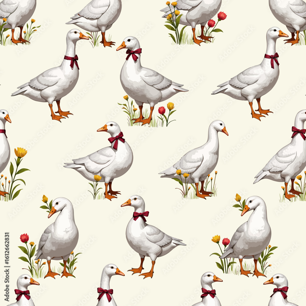 Fototapeta premium Pattern of whimsical geese wearing red bows among flowers 