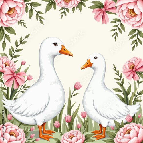 Two geese standing among pink flowers and greenery in a frame  
