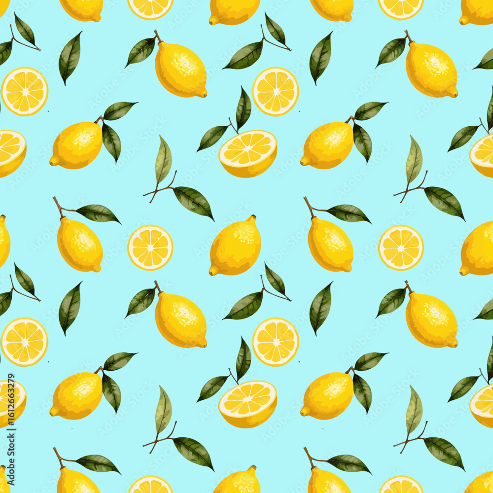 Obraz premium Lemon pattern with leaves on light blue background 