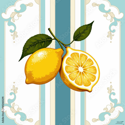 Fresh lemons with green leaves on decorative striped background  