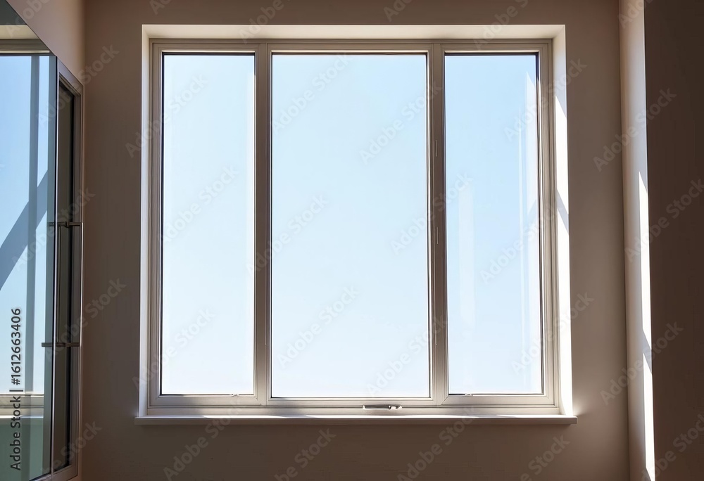 Obraz premium Office windows with UV protection film installed, sunlight streaming through, interior design, office environment