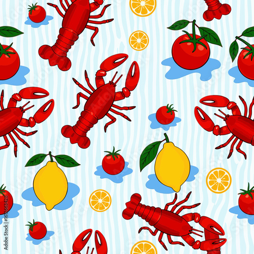 Lobster, tomatoes, and lemons in colorful pattern design  