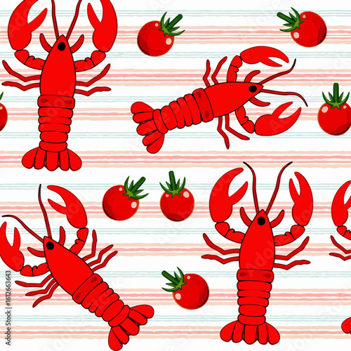Red lobster and tomato pattern on striped background  