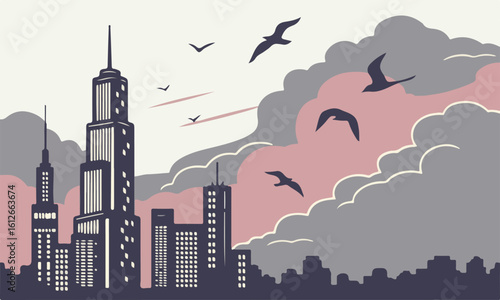 Urban night skyline vector illustration with industrial buildings and towering skyscrapers