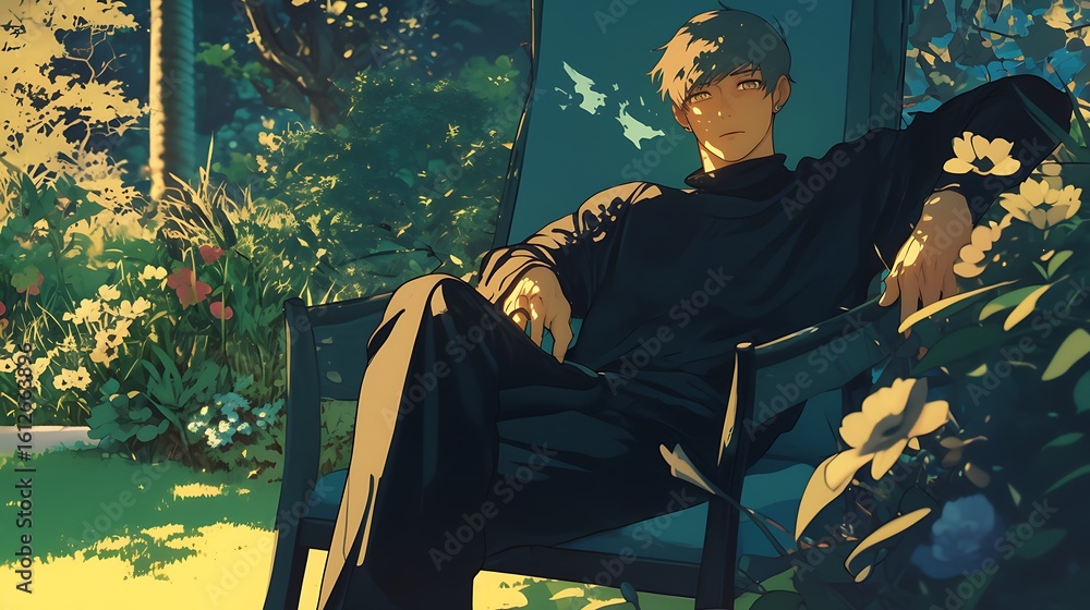 Fototapeta premium A male anime model sits in a luxurious fashion against a modern garden backdrop.
