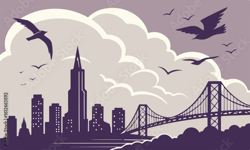 Night city skyline vector illustration: urban cityscape silhouette with towering buildings and business skyscrapers against a dark sky