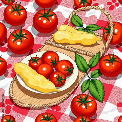 Basket with fresh tomatoes and yellow peppers on picnic blanket  