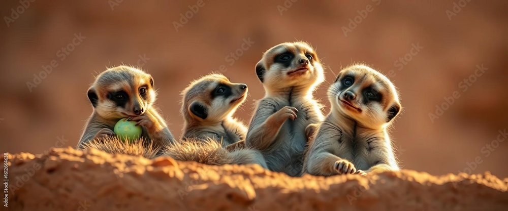 Fototapeta premium Meerkat family grooming and basking, close-up desert sun, grooming, sunbathing