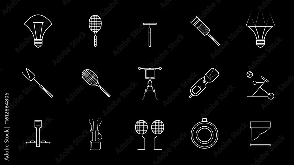 Fototapeta premium Collection of simple line art icons representing various sports and tools.