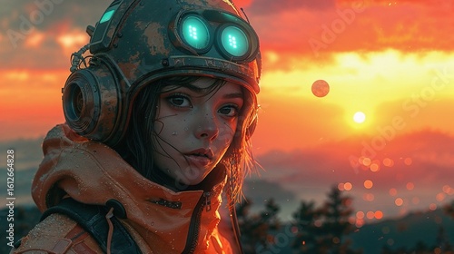 80s retro anime girl hugging a robot pet in a synthwave vaporwave landscape. 90s Gainax style 3D render illustration.