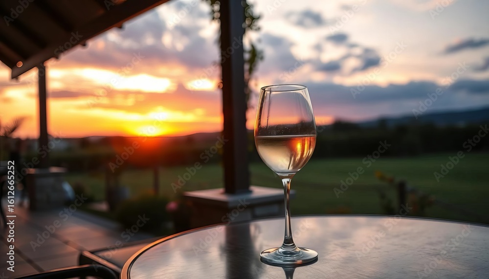 Obraz premium Sunset illuminates a patio; two glasses of wine sit on a table, glasses, white wine
