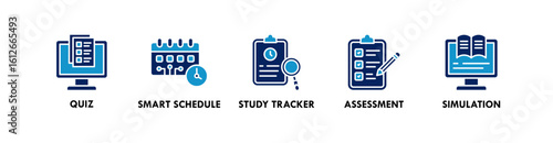 AI in Education banner web icon illustration concept with icon of quiz, smart schedule, study tracker, assessment, and simulation