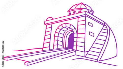 Illustration of a building with an arched entrance and a dome roof in pink and purple gradient