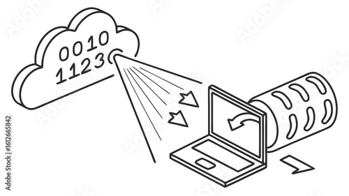 Cloud data transfer to laptop through a secure tunnel with data flow indication in black and white