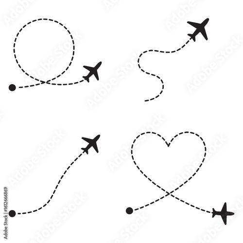 Line path vector icons of air plane 
flight routes with start point 