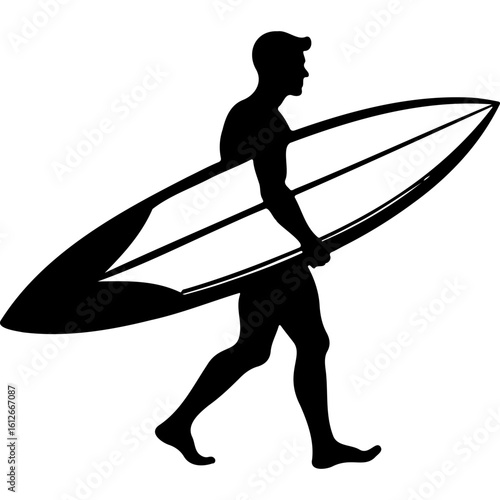Sketchy emblem of male surfer carrying a swimboard. Engraving minimalistic vector in black ink drawing on transparent background