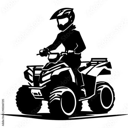 Sketchy sport emblem of Silhouette of extreme sportsman in protective gear driving quad bike. Engraving minimalistic vector in black ink drawing on transparent background