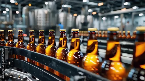 Wallpaper Mural A conveyor belt featuring rows of amber bottles, likely in a beverage production facility. Torontodigital.ca